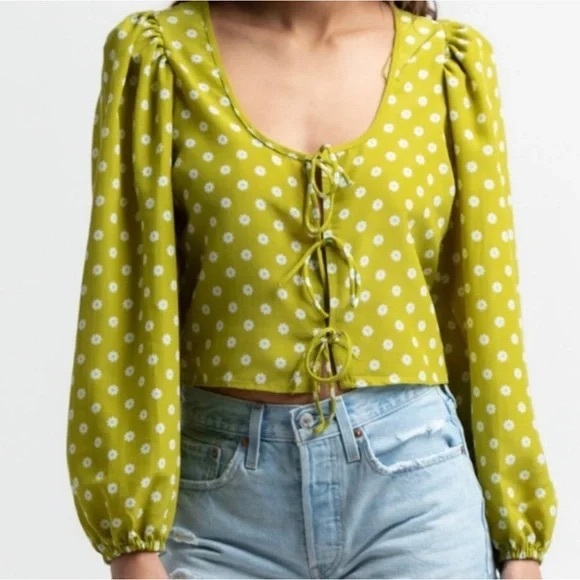 NEW Levi's Embry Tie Front Shirt Green Floral Puff Balloon Sleeve Blouse Size XS - Picture 1 of 13